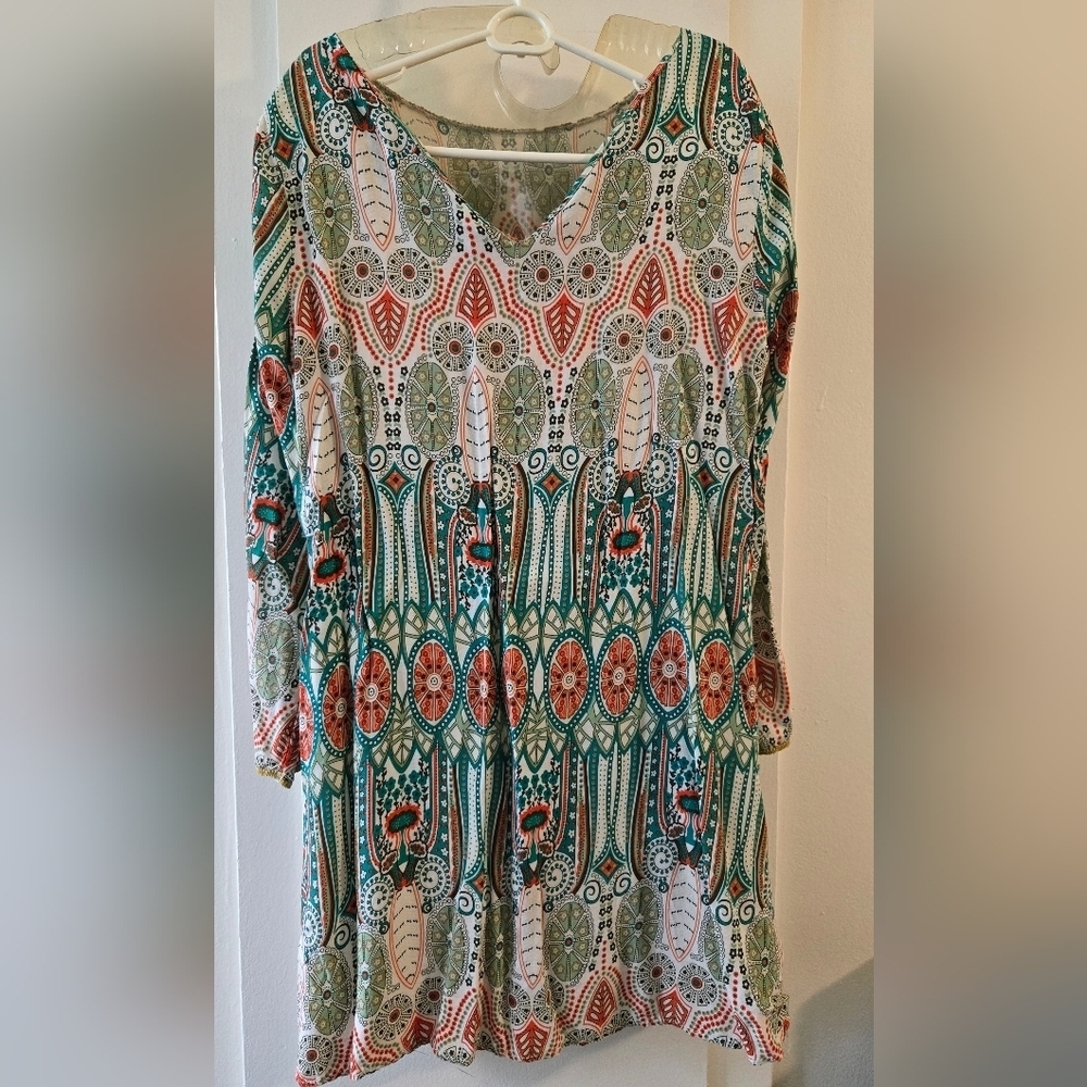 3/$20 Bohemian Paisly Print Long Sleeve Dress Green Orange Girls Xl Womens Small - Picture 2 of 3
